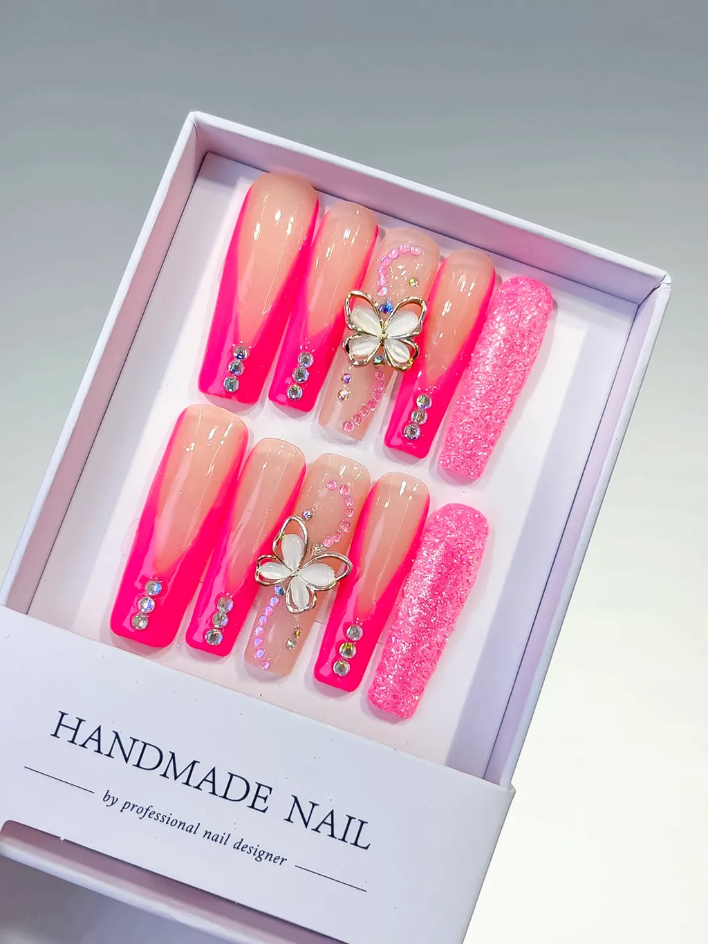 L003 - Long Pink Nude Square Ombre Butterfly Rhinestone