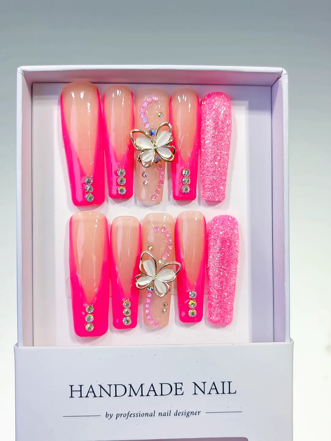 L003 - Long Pink Nude Square Ombre Butterfly Rhinestone