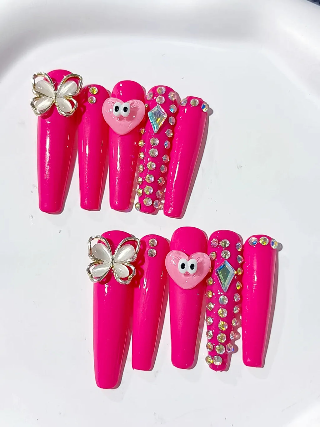 L004 - Long Pink Silver Coffin Solid color Heart Butterfly