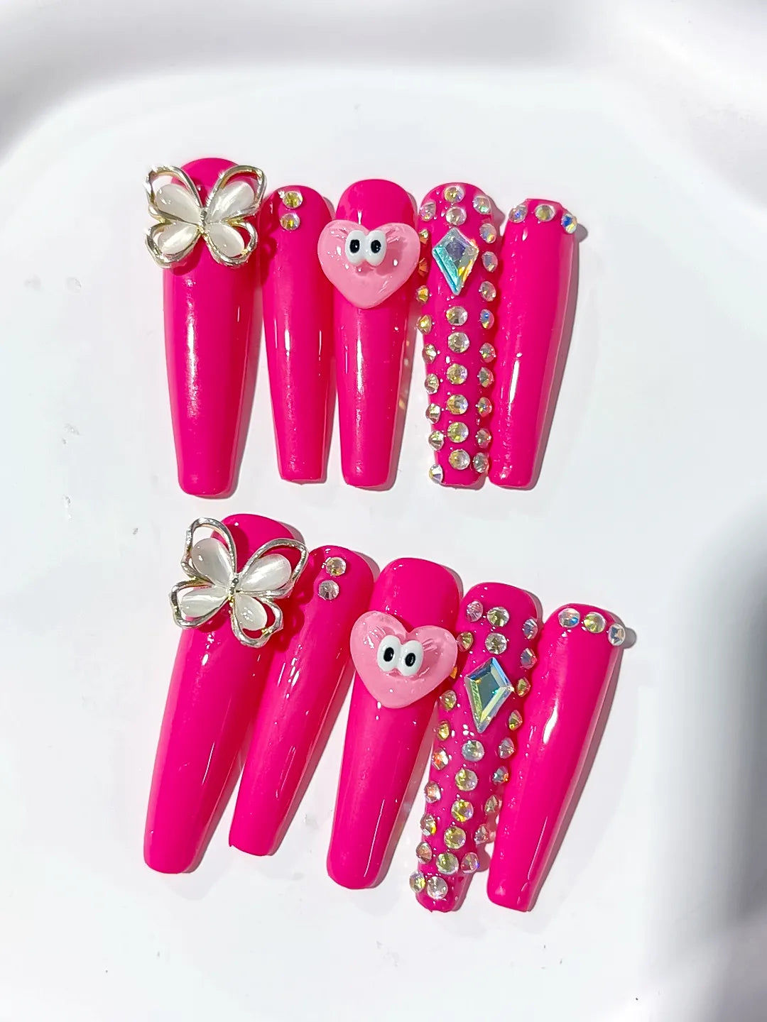L004 - Long Pink Silver Coffin Solid color Heart Butterfly