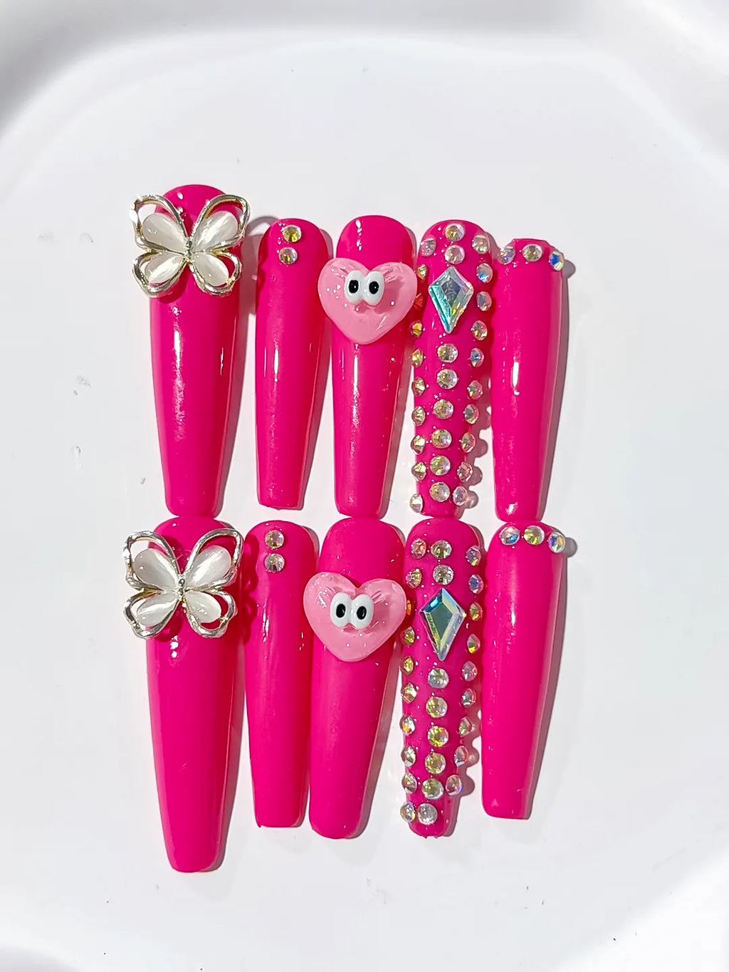 L004 - Long Pink Silver Coffin Solid color Heart Butterfly