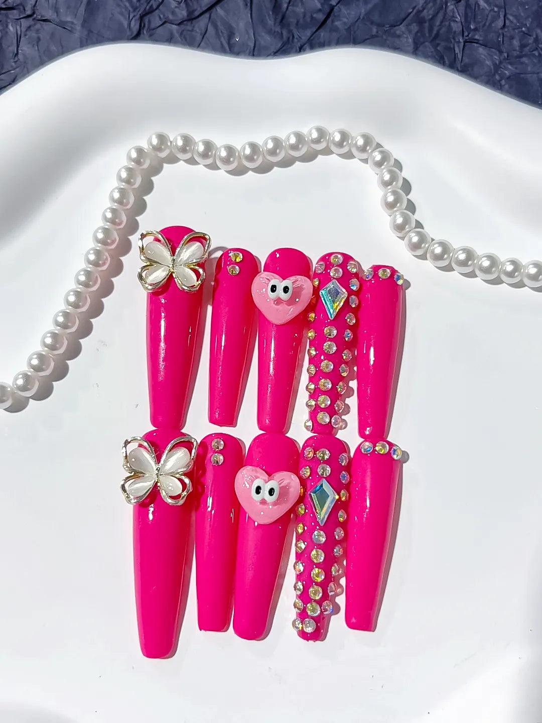 L004 - Long Pink Silver Coffin Solid color Heart Butterfly
