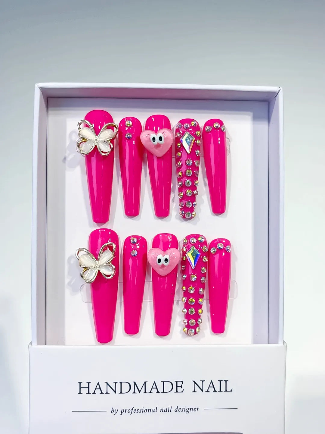 L004 - Long Pink Silver Coffin Solid color Heart Butterfly