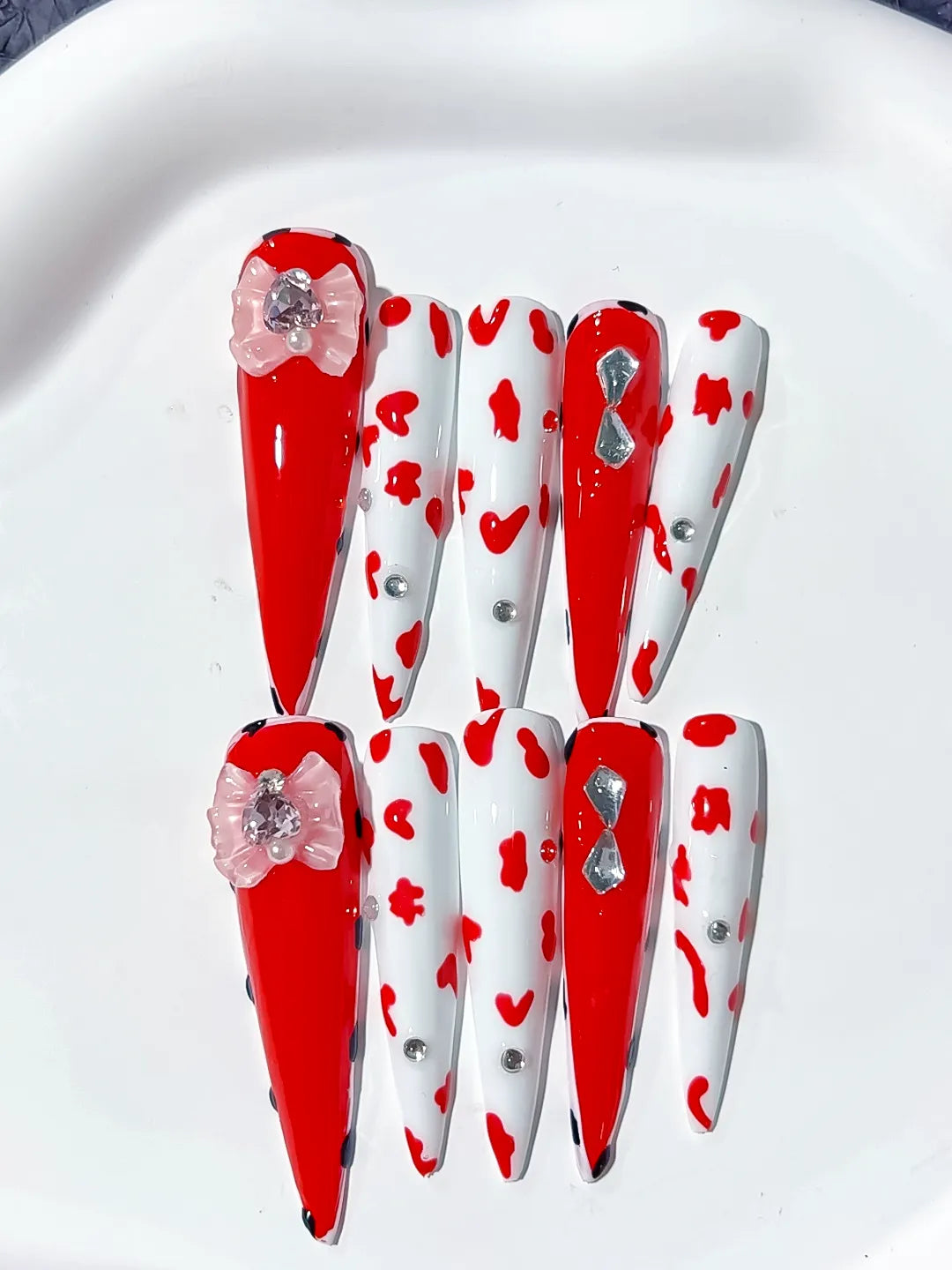 L005 - Long Red White Stiletto Abstract Flower Animal Print