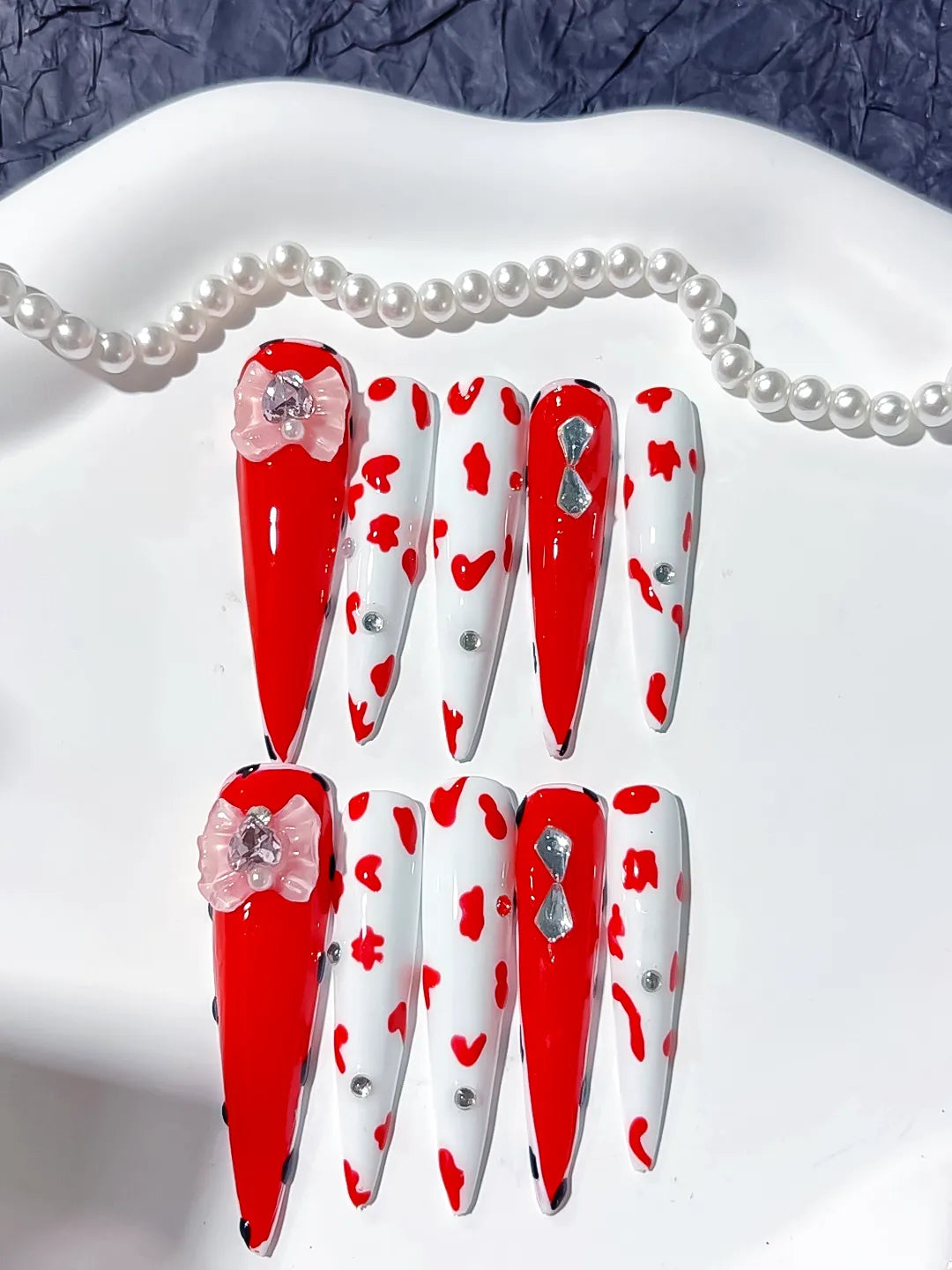 L005 - Long Red White Stiletto Abstract Flower Animal Print