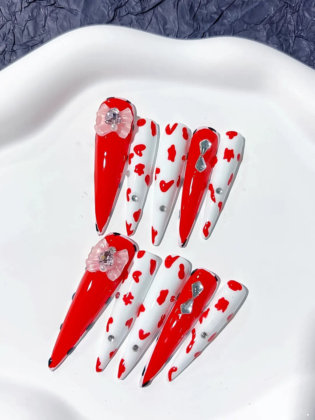 L005 - Long Red White Stiletto Abstract Flower Animal Print