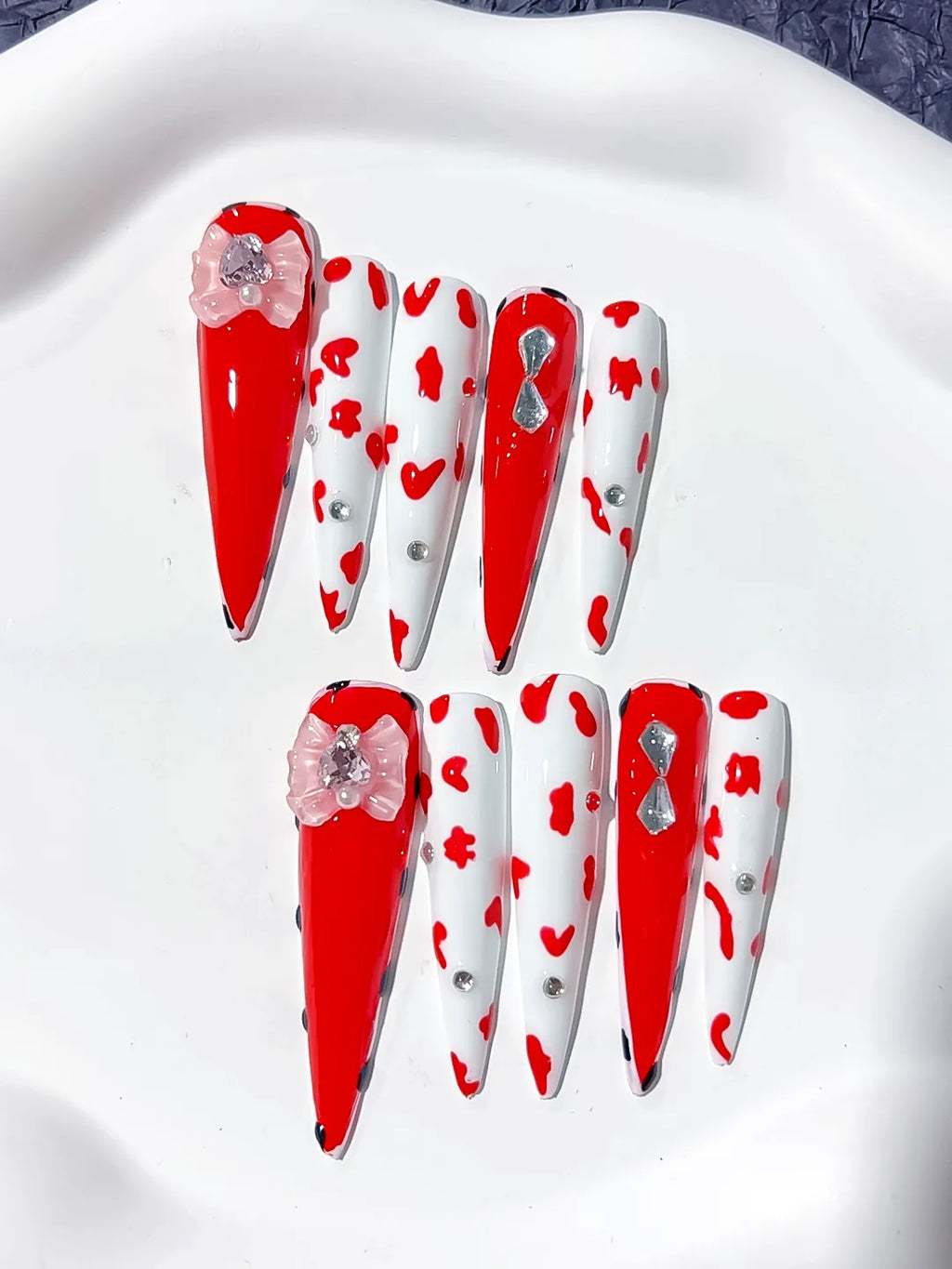 L005 - Long Red White Stiletto Abstract Flower Animal Print