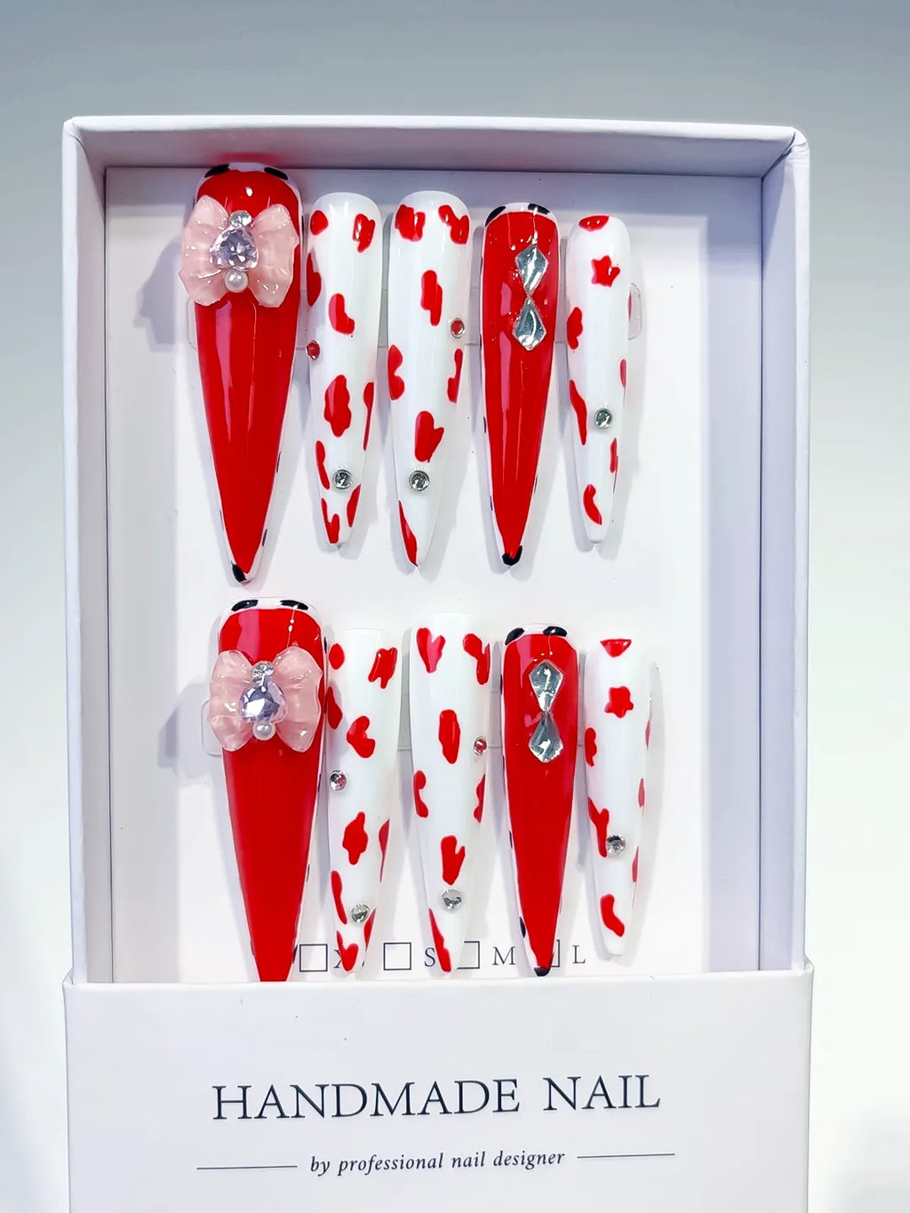 L005 - Long Red White Stiletto Abstract Flower Animal Print