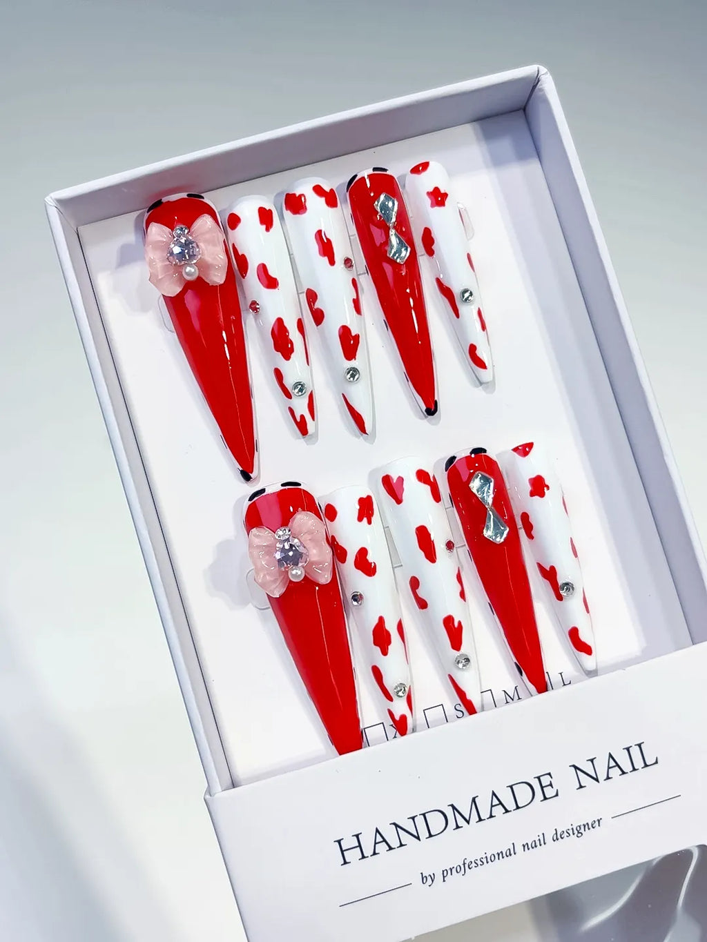 L005 - Long Red White Stiletto Abstract Flower Animal Print