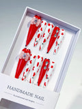 L005 - Long Red White Stiletto Abstract Flower Animal Print