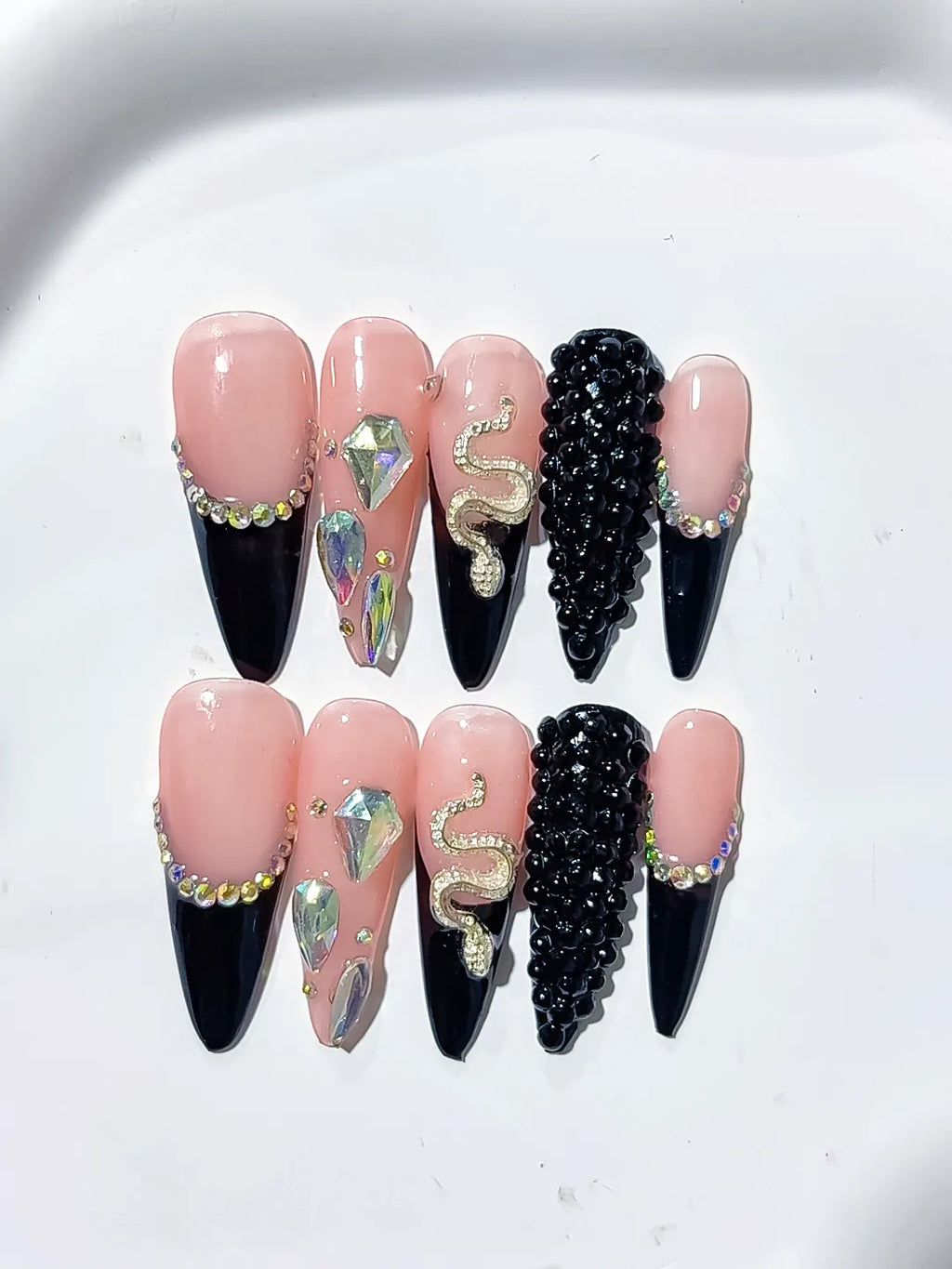 L006 - Long Nude Black Stiletto French tip Rhinestone Snake