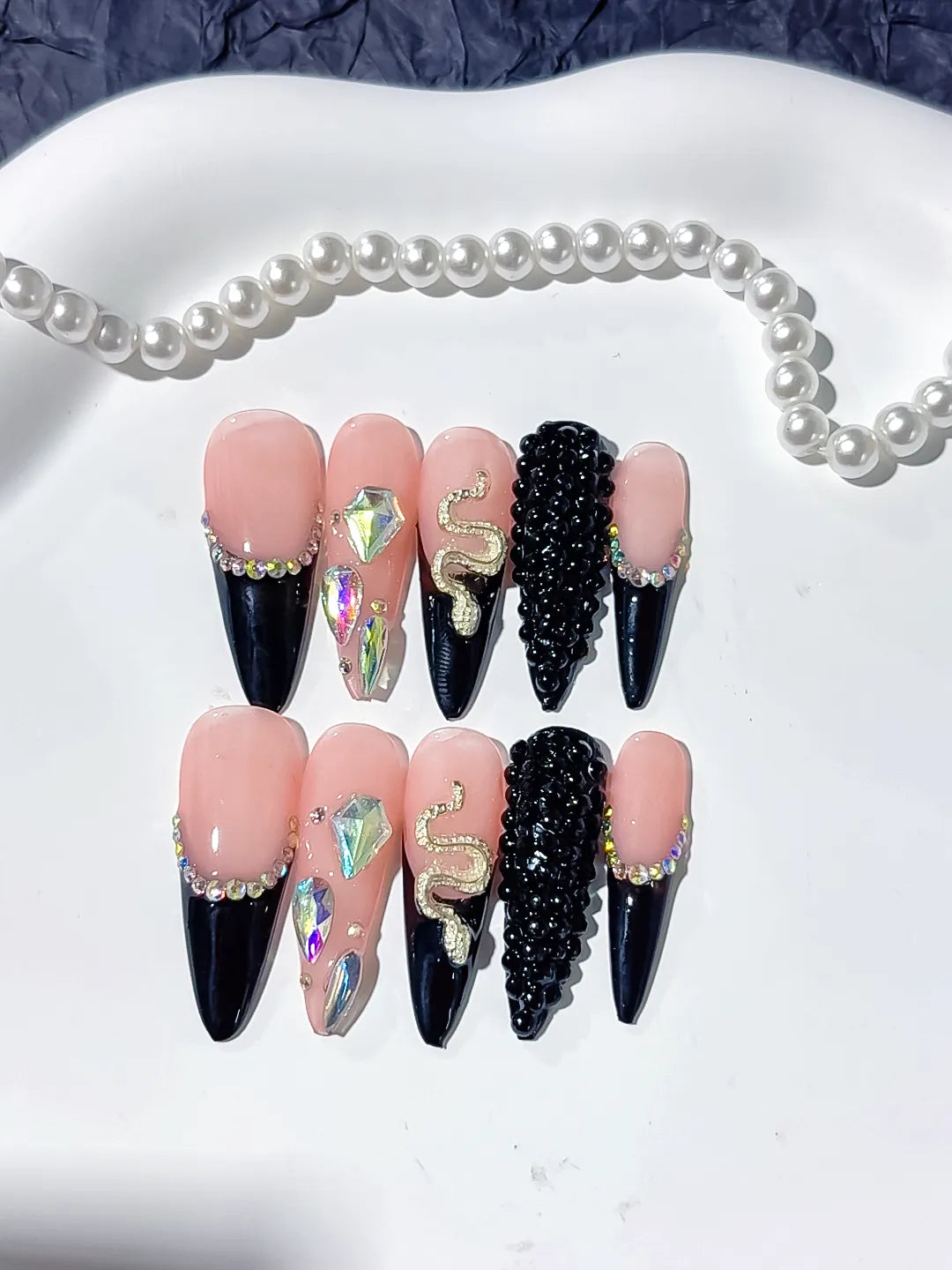 L006 - Long Nude Black Stiletto French tip Rhinestone Snake