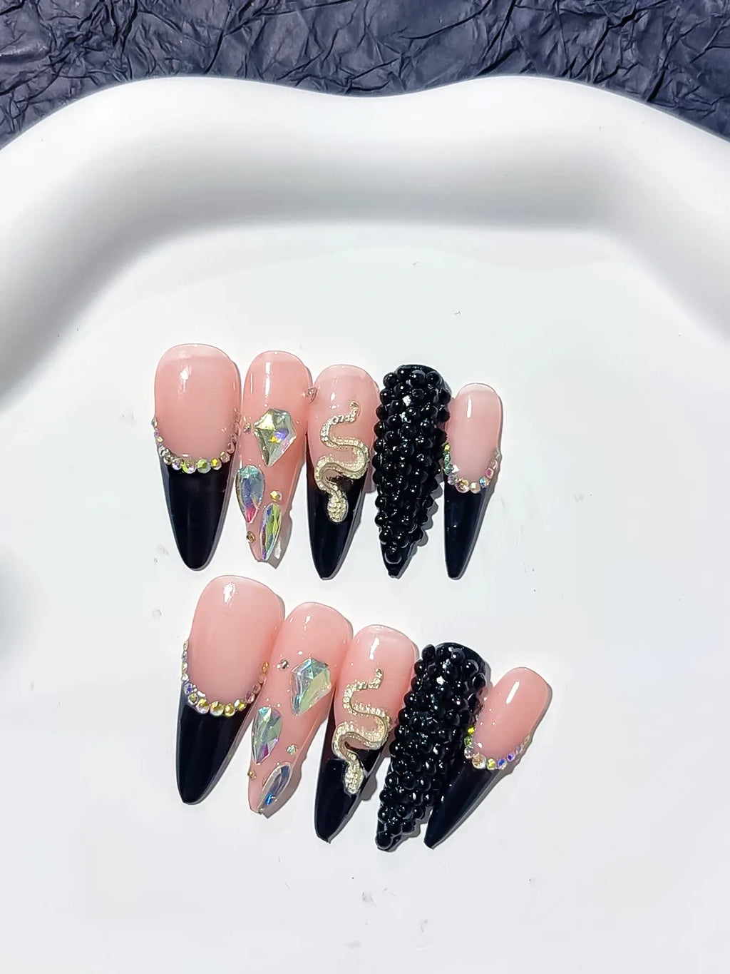 L006 - Long Nude Black Stiletto French tip Rhinestone Snake