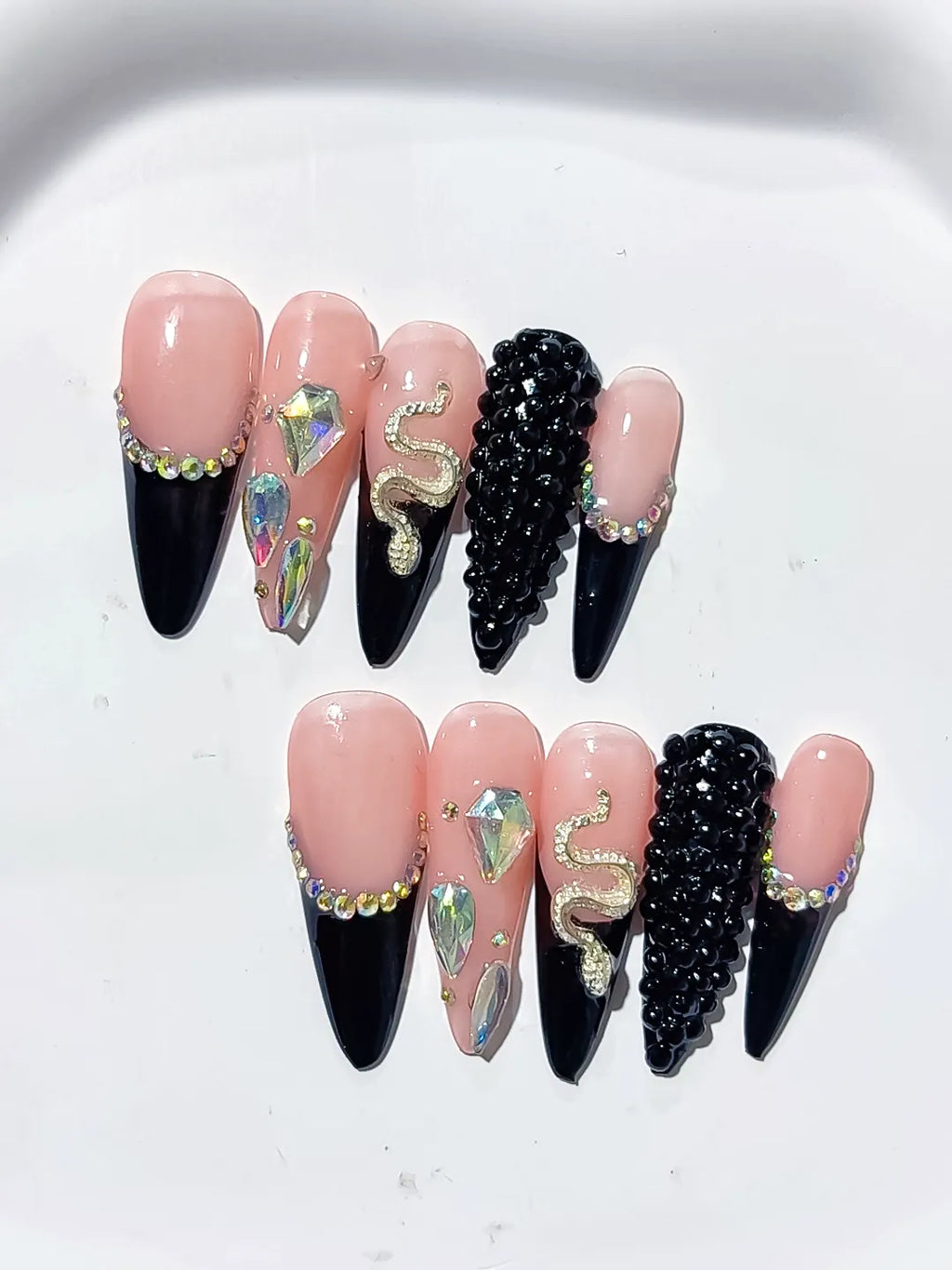 L006 - Long Nude Black Stiletto French tip Rhinestone Snake