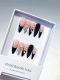 L006 - Long Nude Black Stiletto French tip Rhinestone Snake