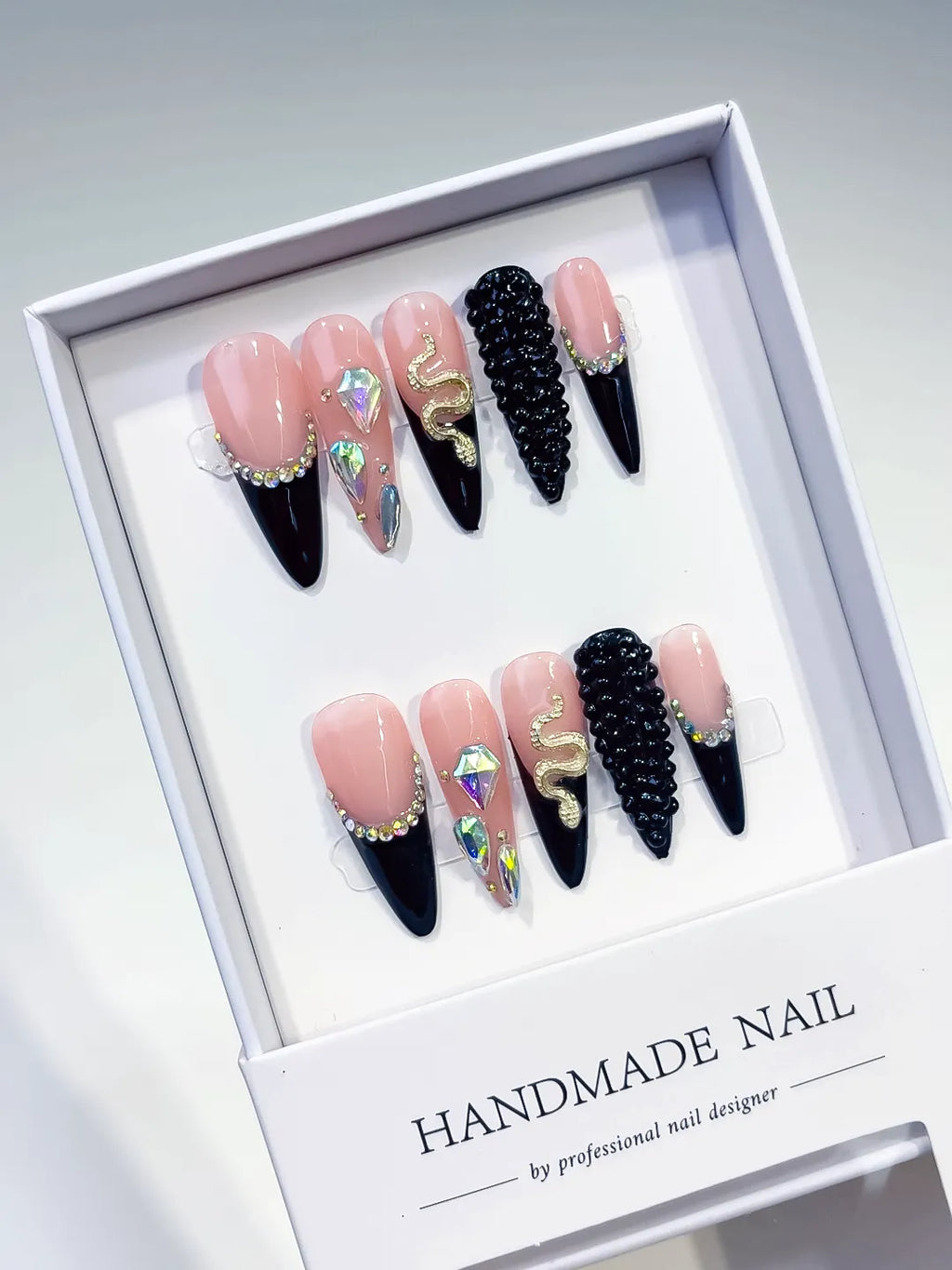 L006 - Long Nude Black Stiletto French tip Rhinestone Snake