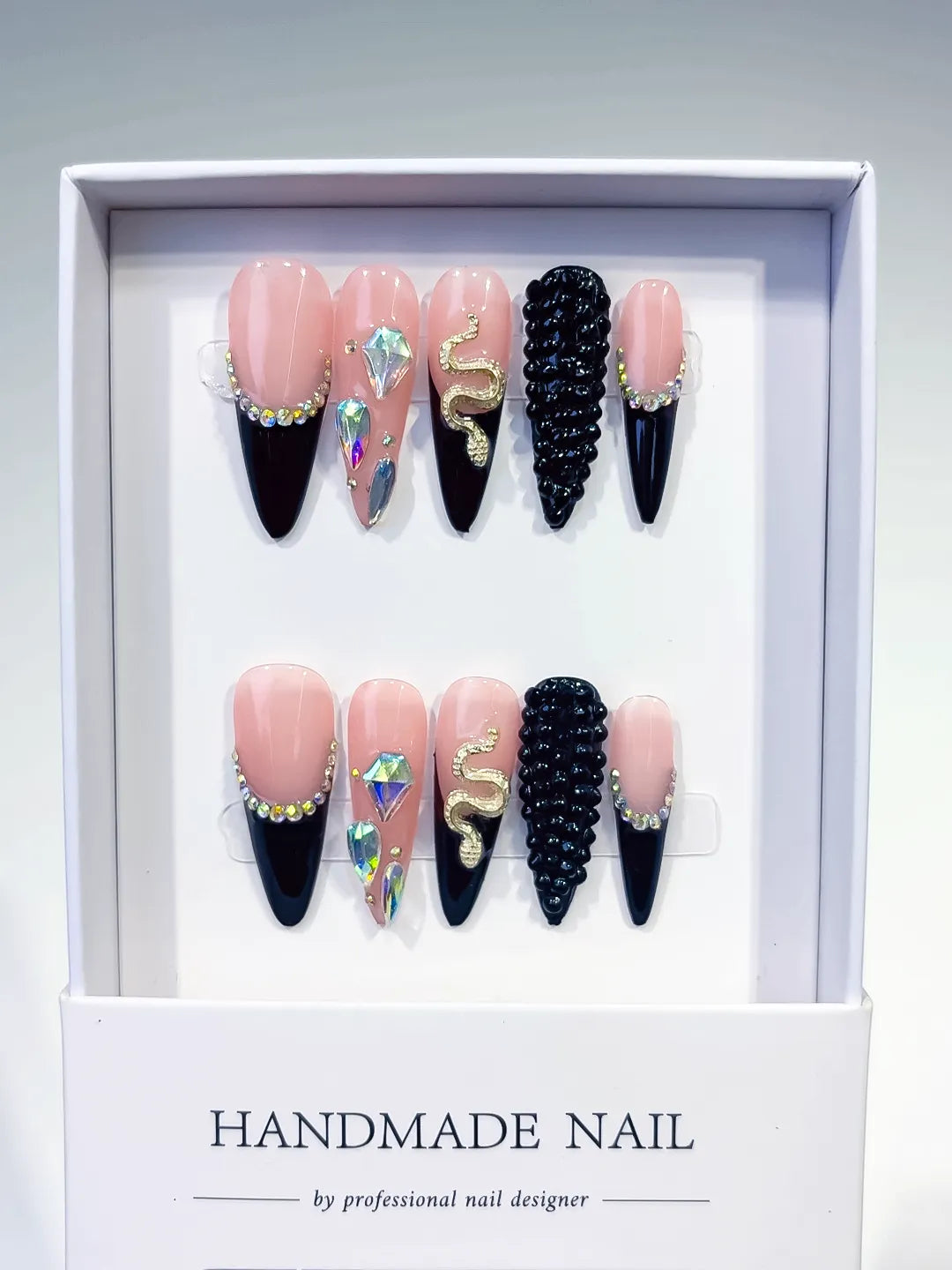 L006 - Long Nude Black Stiletto French tip Rhinestone Snake