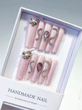 L007 - Long Pink Silver Square Holographic Flower Metallic Charm