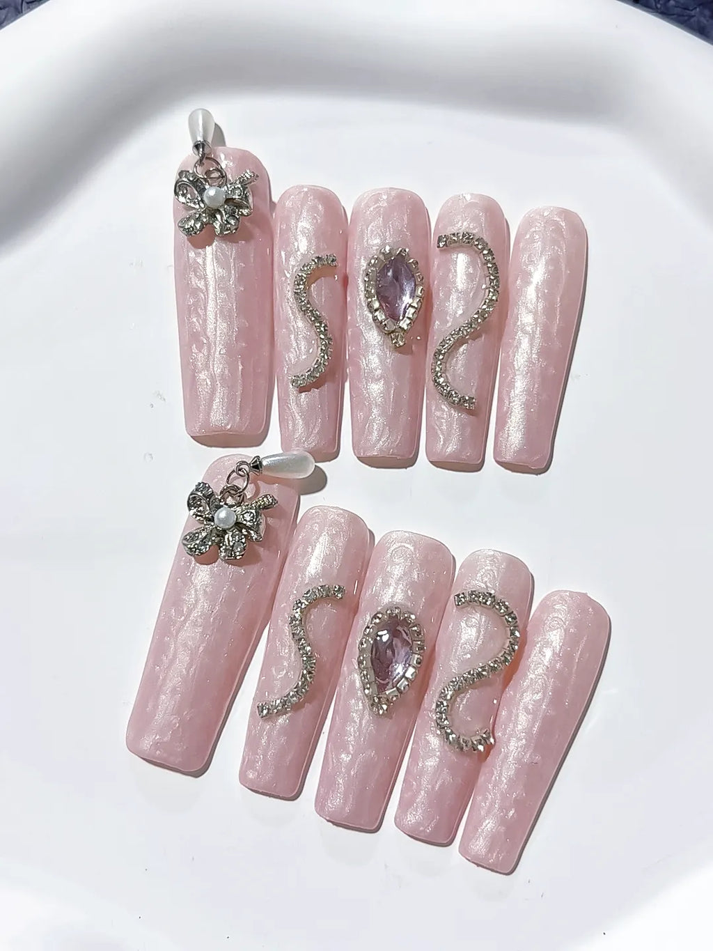 L007 - Long Pink Silver Square Holographic Flower Metallic Charm