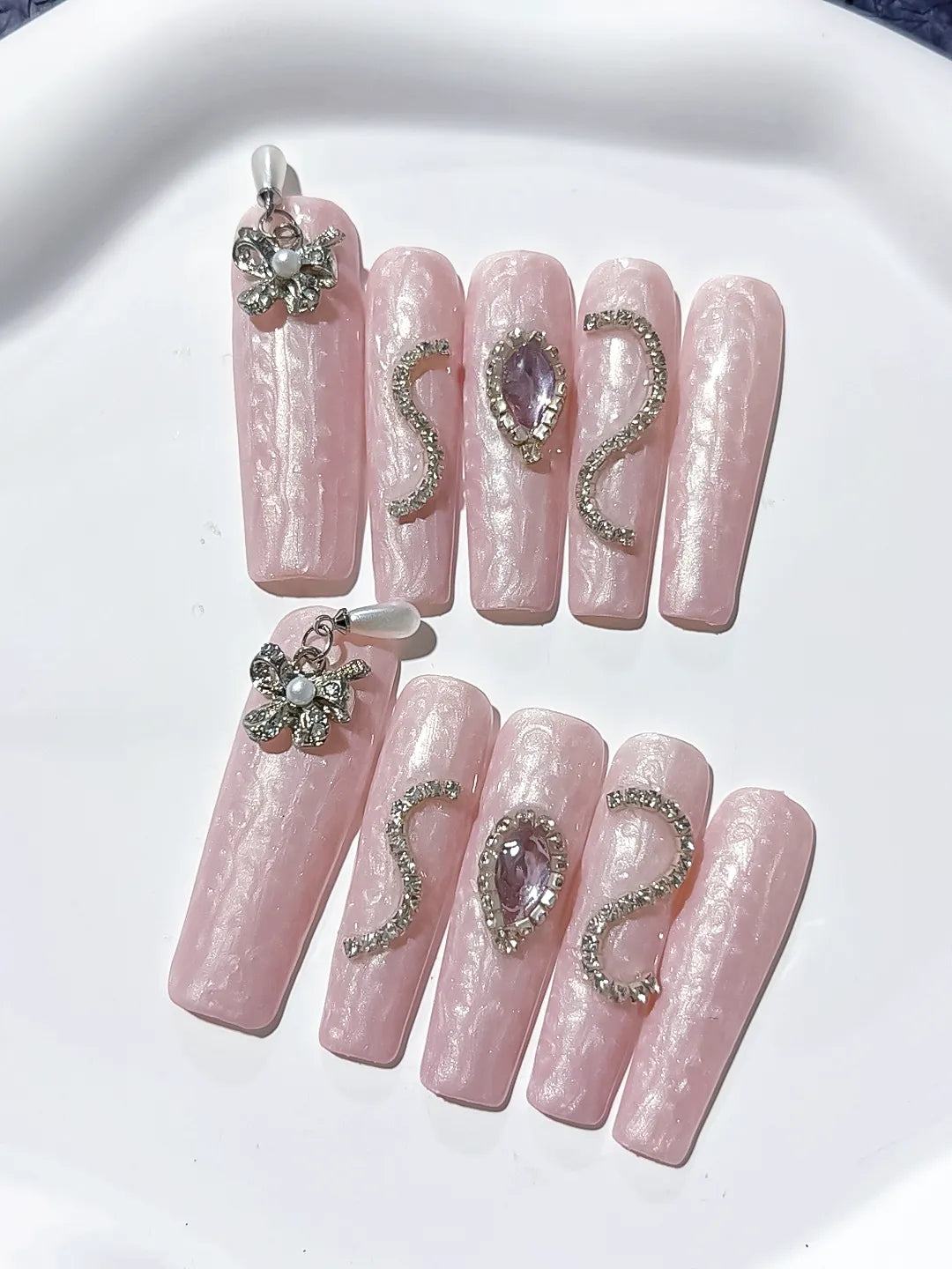 L007 - Long Pink Silver Square Holographic Flower Metallic Charm