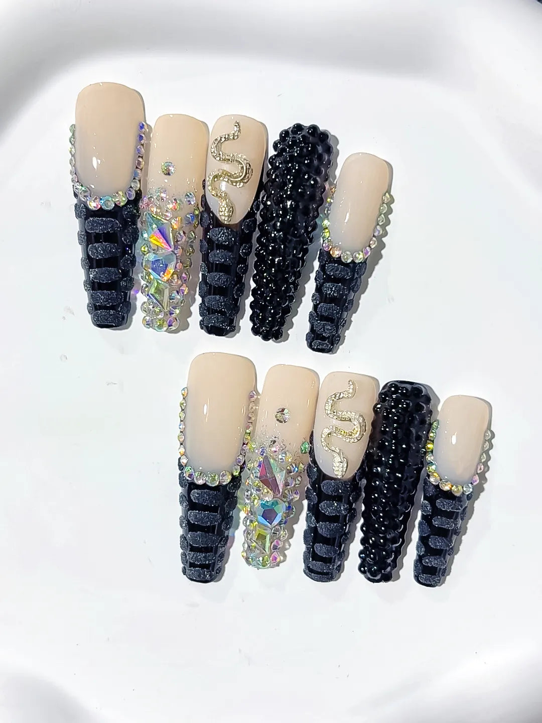 L009 - Long Nude Black Square French tip Rhinestone Snake