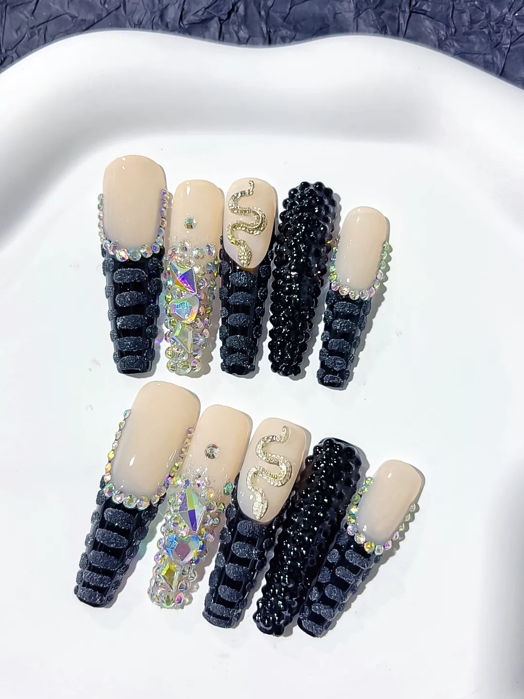 L009 - Long Nude Black Square French tip Rhinestone Snake