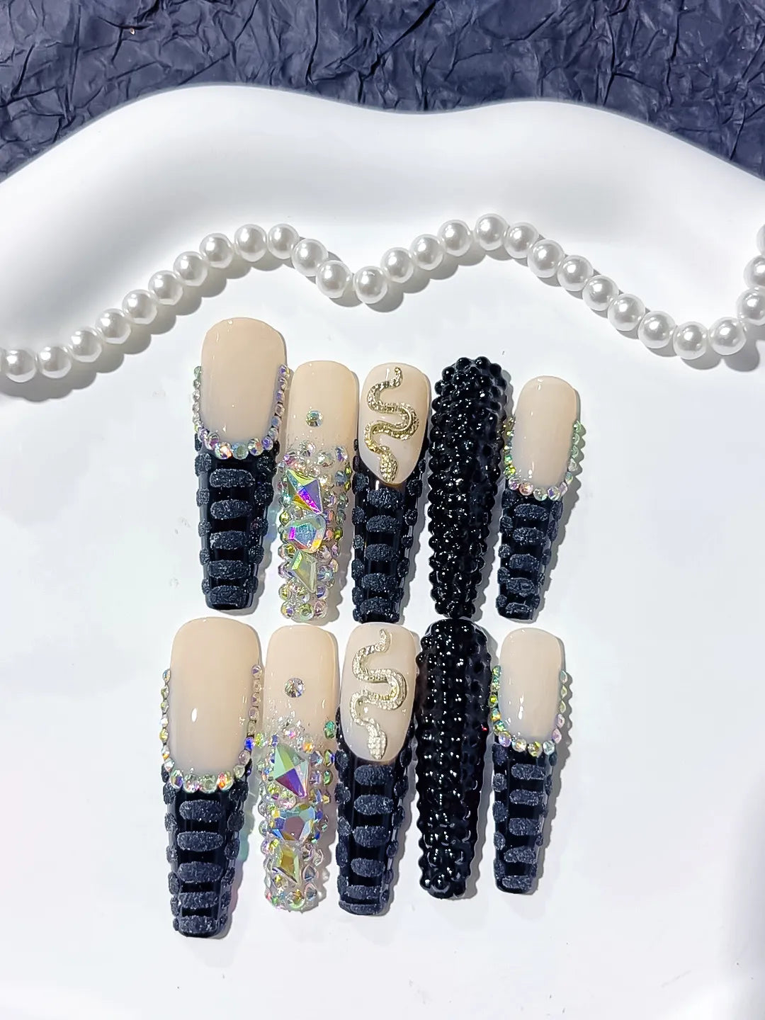 L009 - Long Nude Black Square French tip Rhinestone Snake