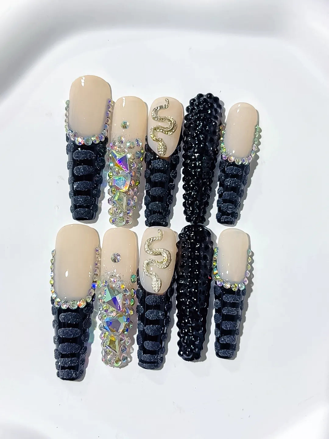 L009 - Long Nude Black Square French tip Rhinestone Snake