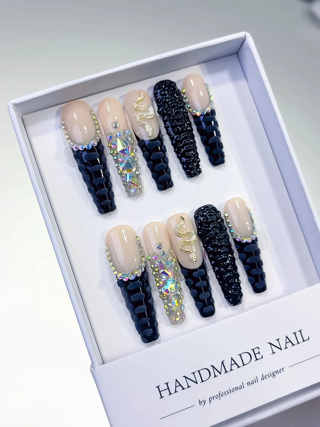 L009 - Long Nude Black Square French tip Rhinestone Snake