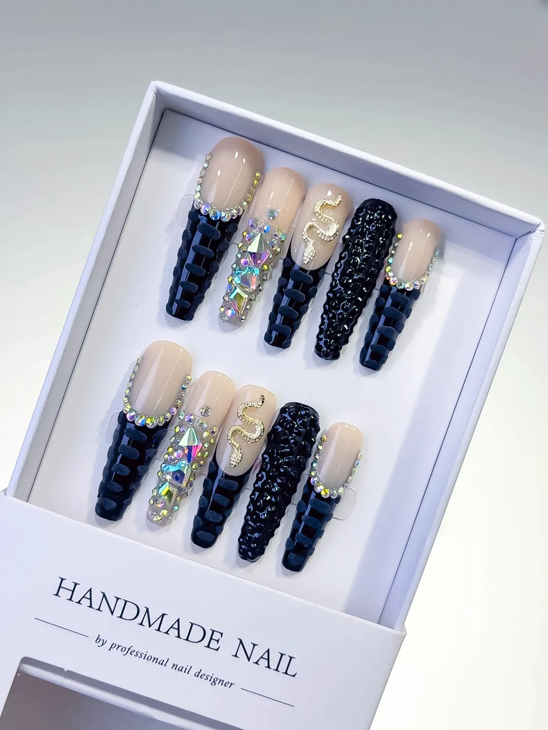 L009 - Long Nude Black Square French tip Rhinestone Snake