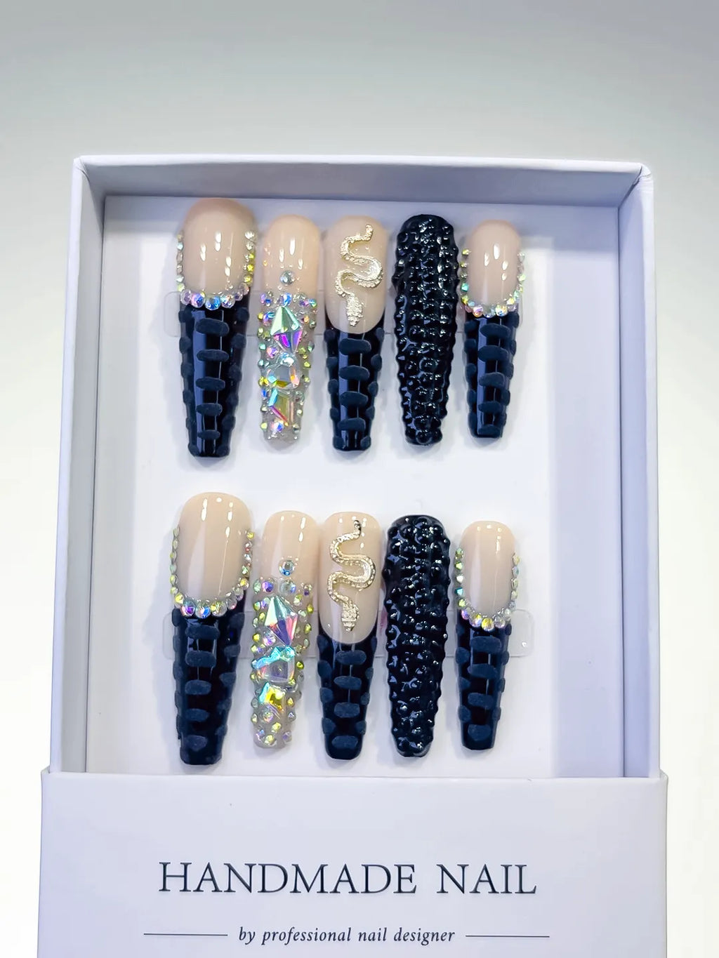 L009 - Long Nude Black Square French tip Rhinestone Snake