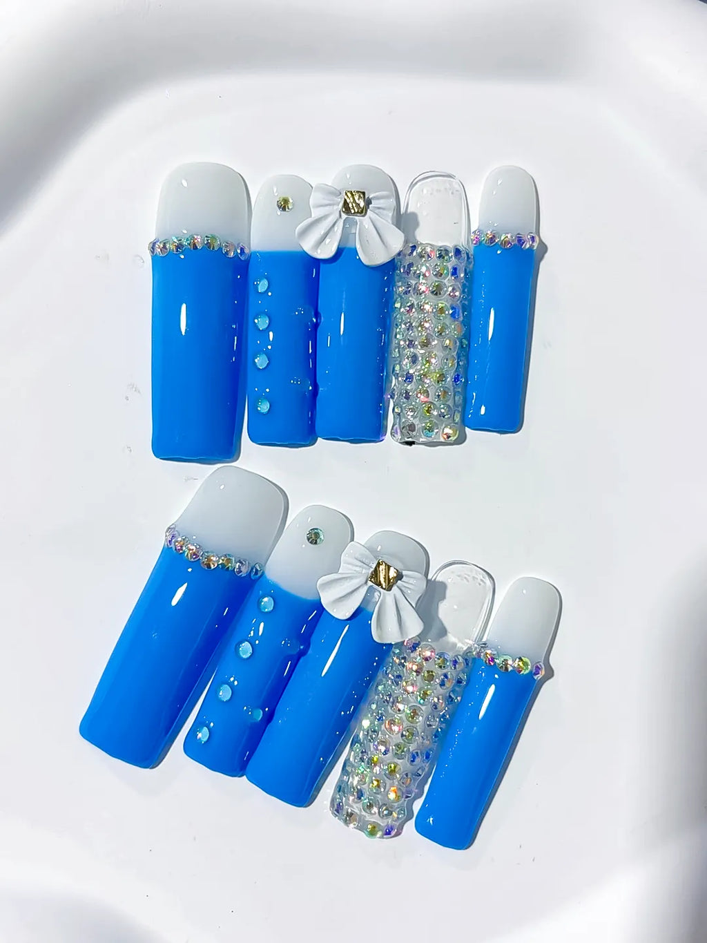 L010 - Long Blue White Square Solid color Bow Rhinestone