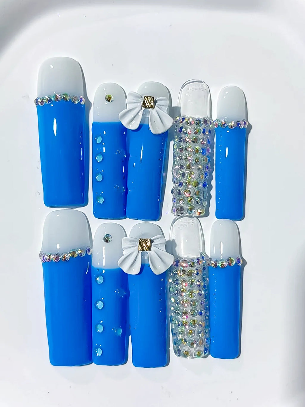 L010 - Long Blue White Square Solid color Bow Rhinestone