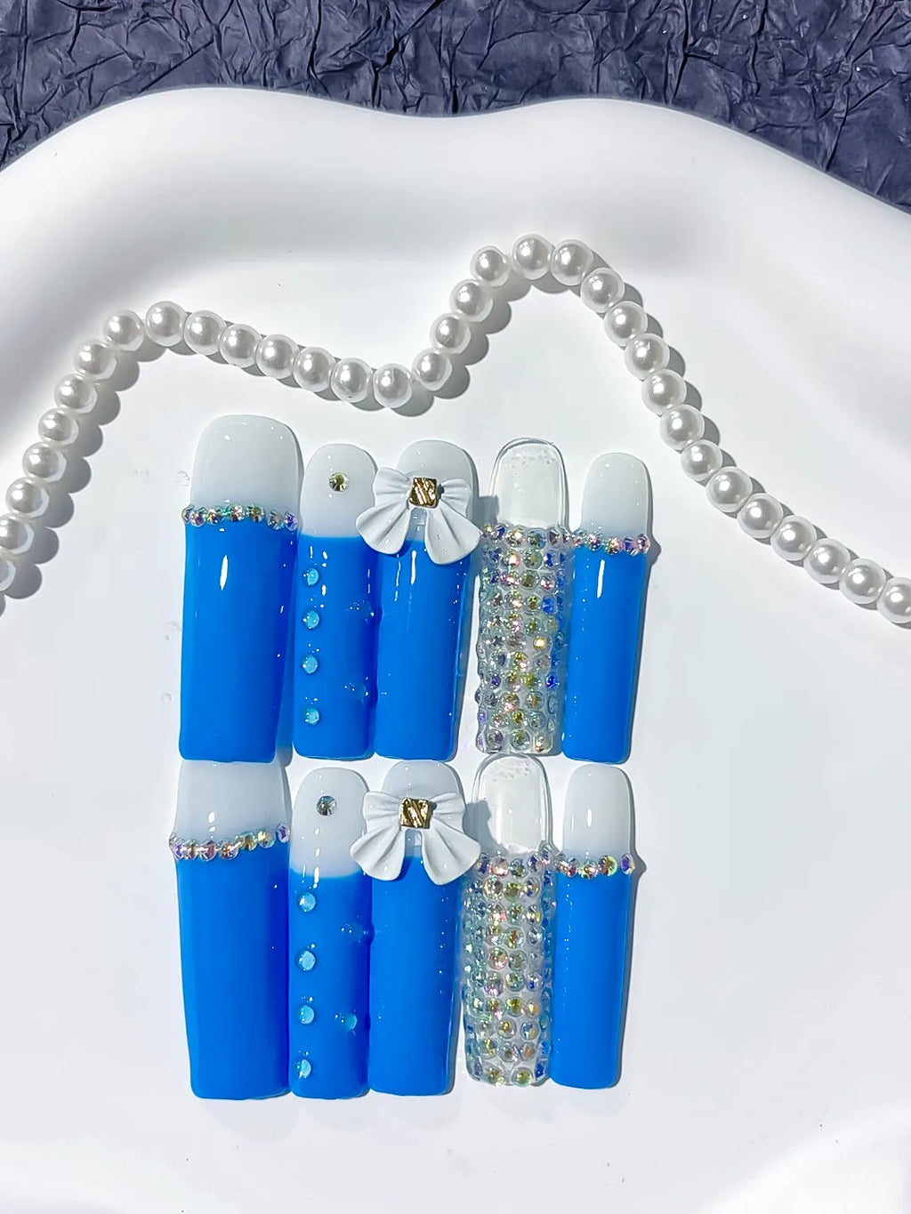 L010 - Long Blue White Square Solid color Bow Rhinestone