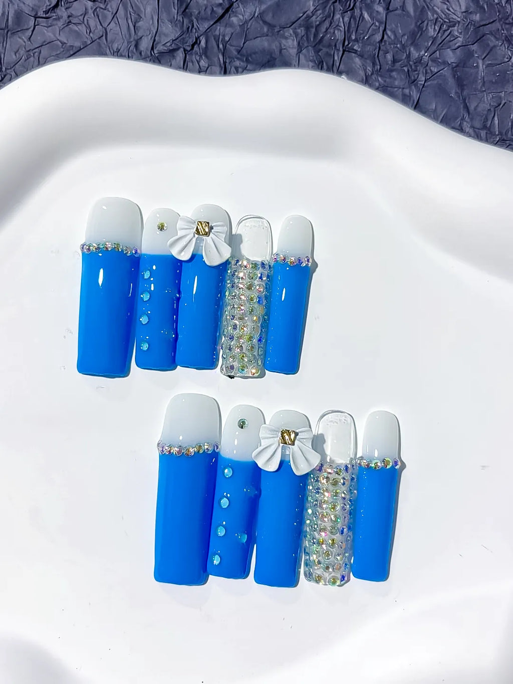 L010 - Long Blue White Square Solid color Bow Rhinestone