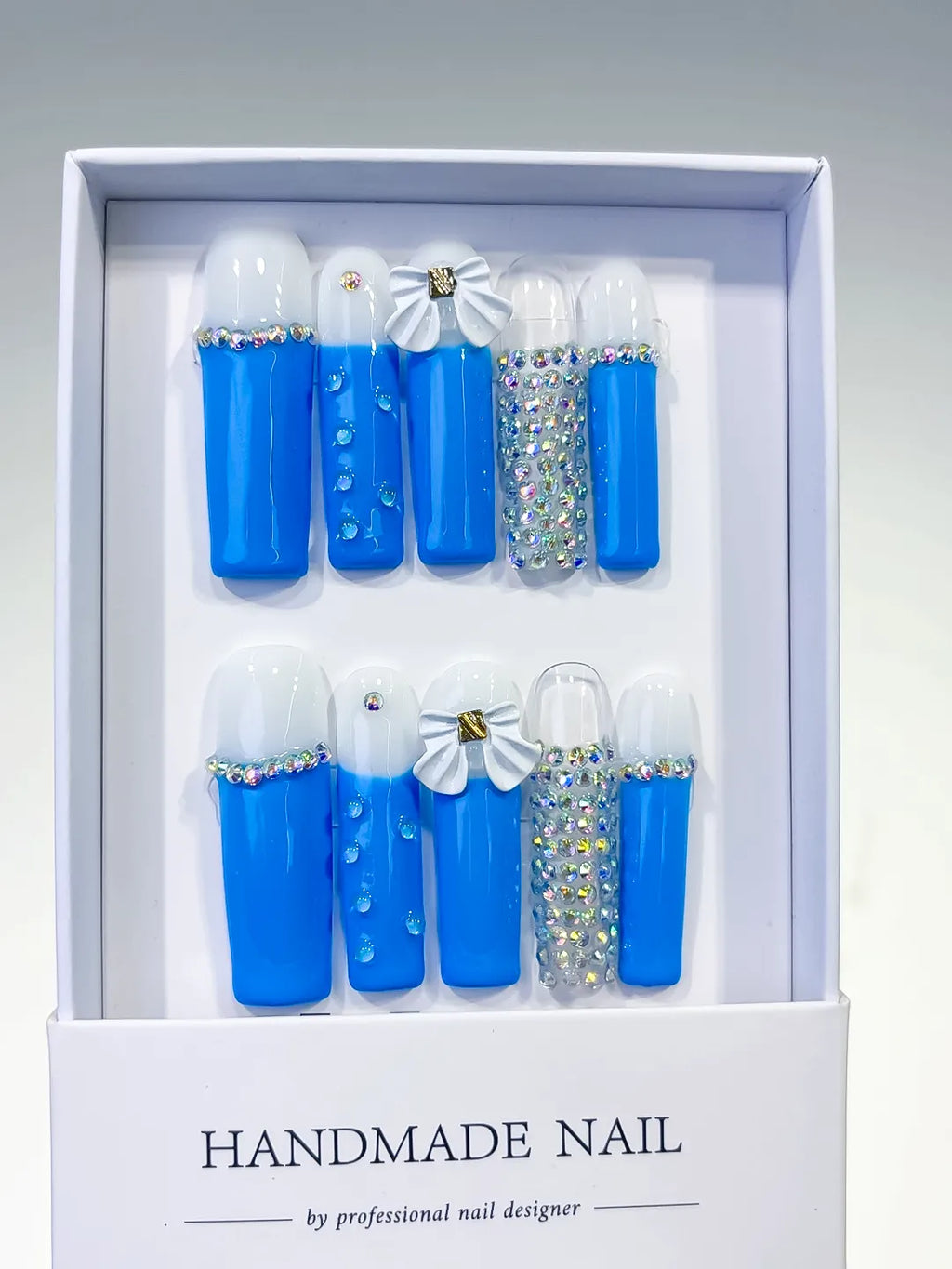 L010 - Long Blue White Square Solid color Bow Rhinestone