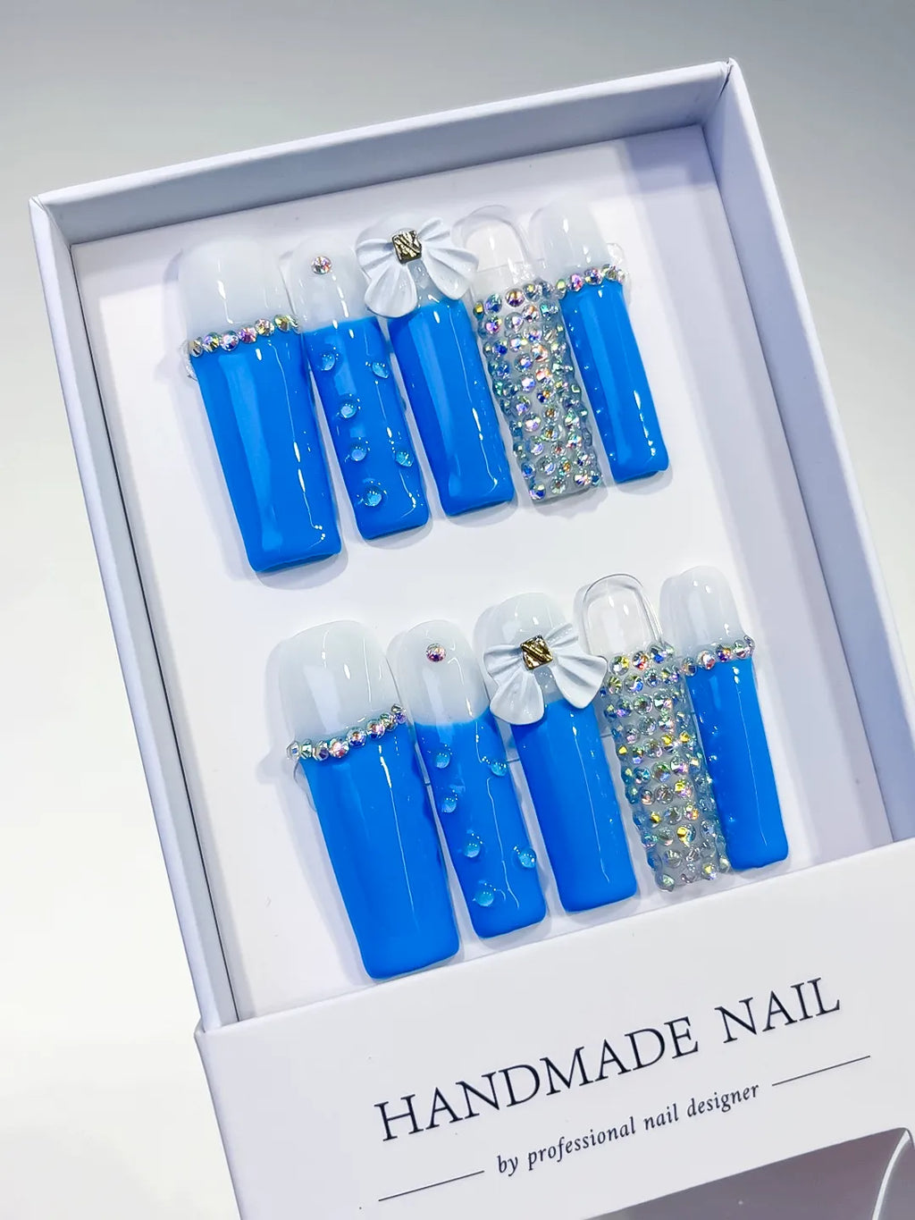 L010 - Long Blue White Square Solid color Bow Rhinestone