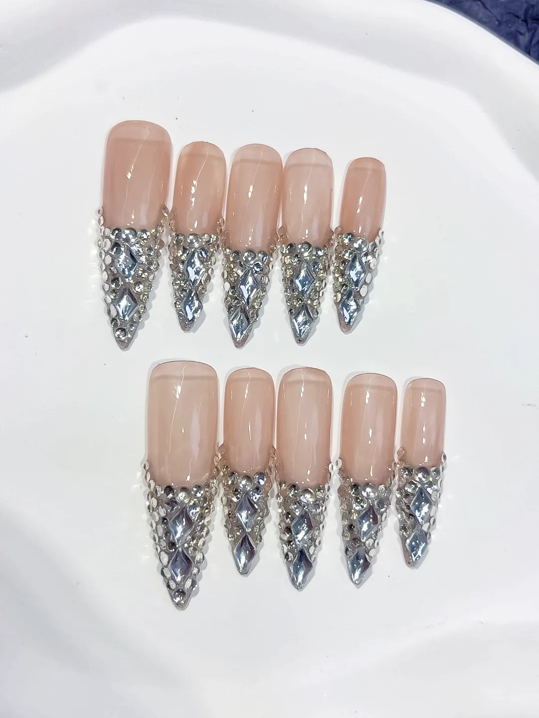 L012 - Long Nude Red Stiletto French tip Cherry Dot Pattern