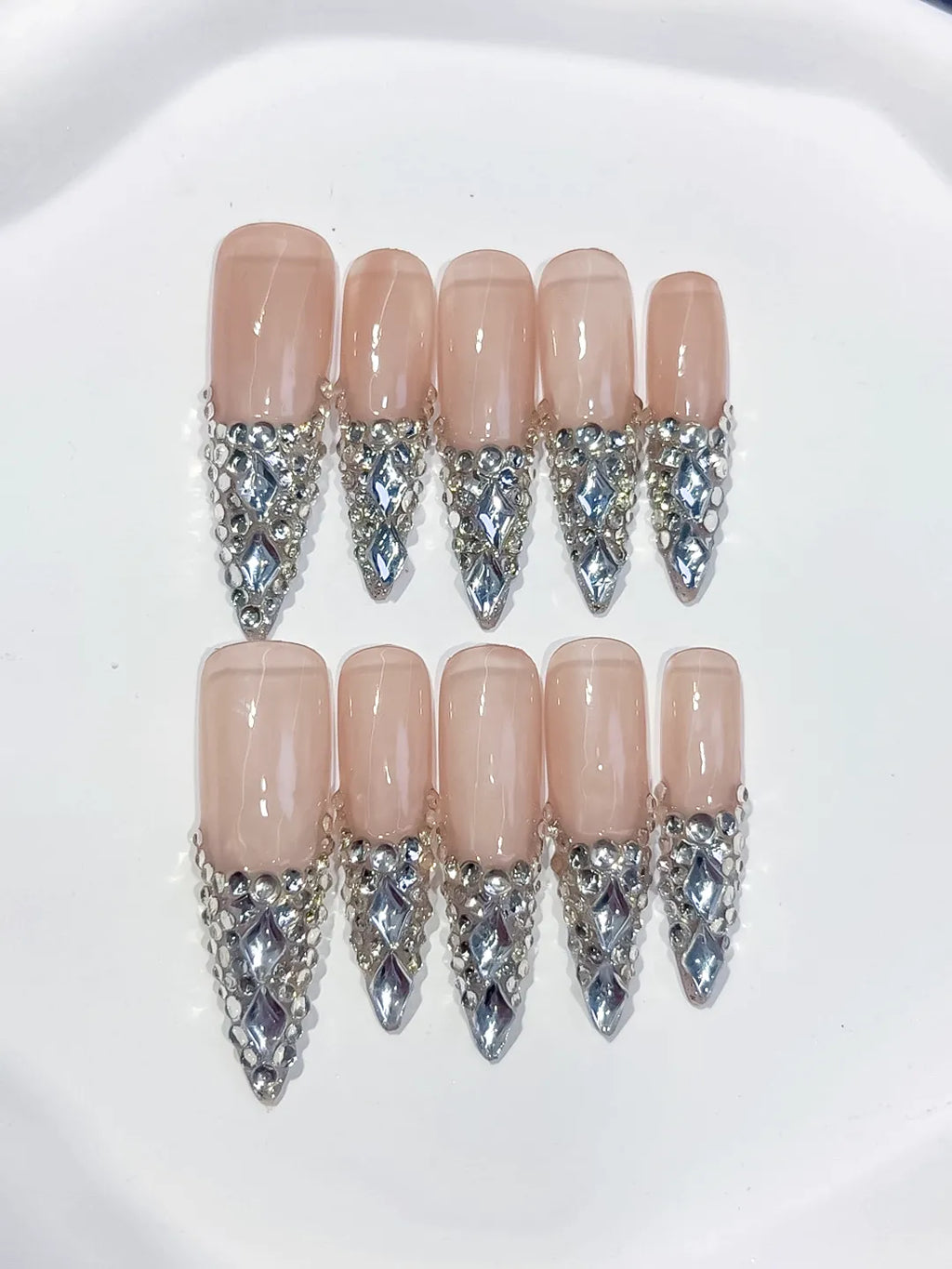 L012 - Long Nude Red Stiletto French tip Cherry Dot Pattern