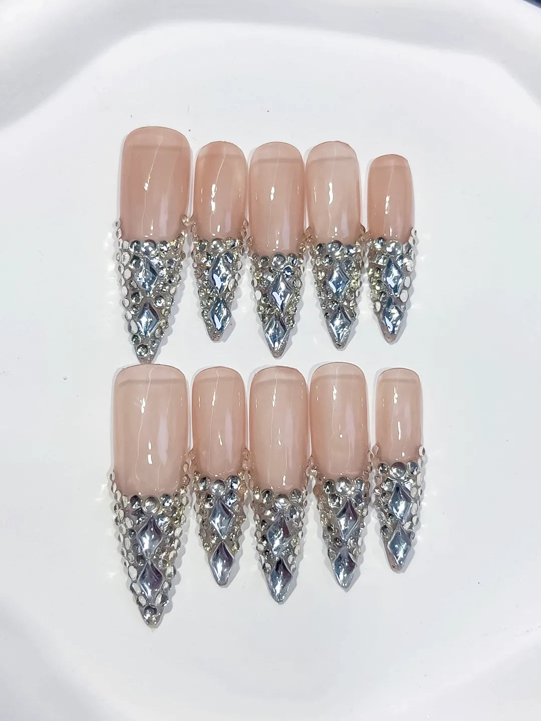 L012 - Long Nude Red Stiletto French tip Cherry Dot Pattern