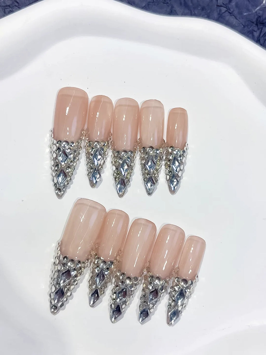 L012 - Long Nude Red Stiletto French tip Cherry Dot Pattern