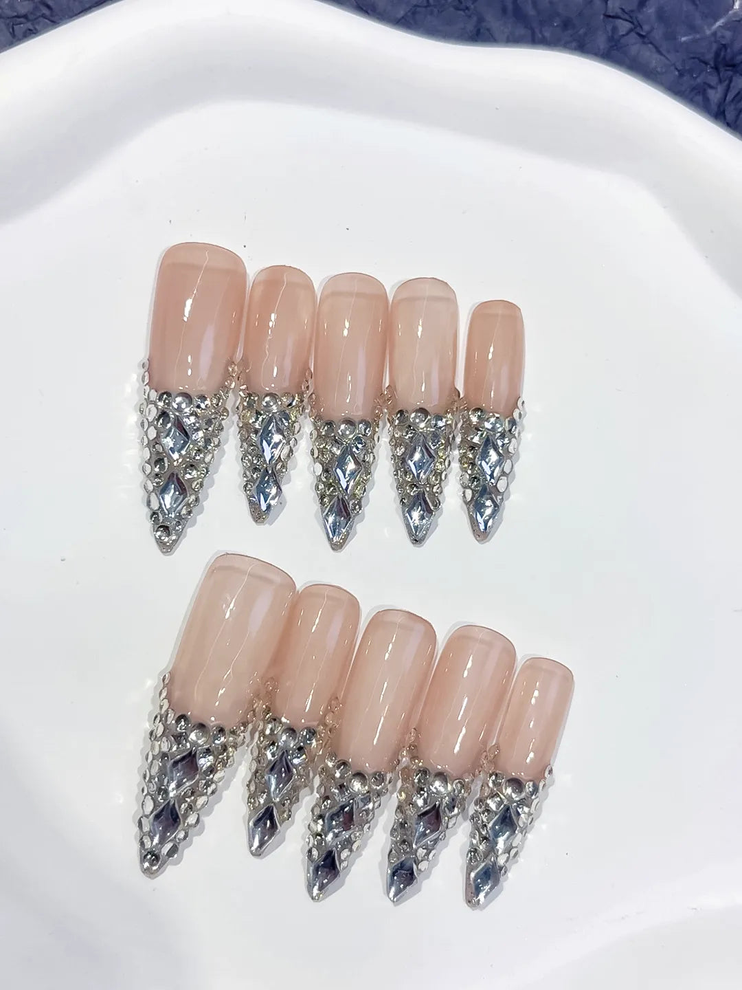 L012 - Long Nude Red Stiletto French tip Cherry Dot Pattern