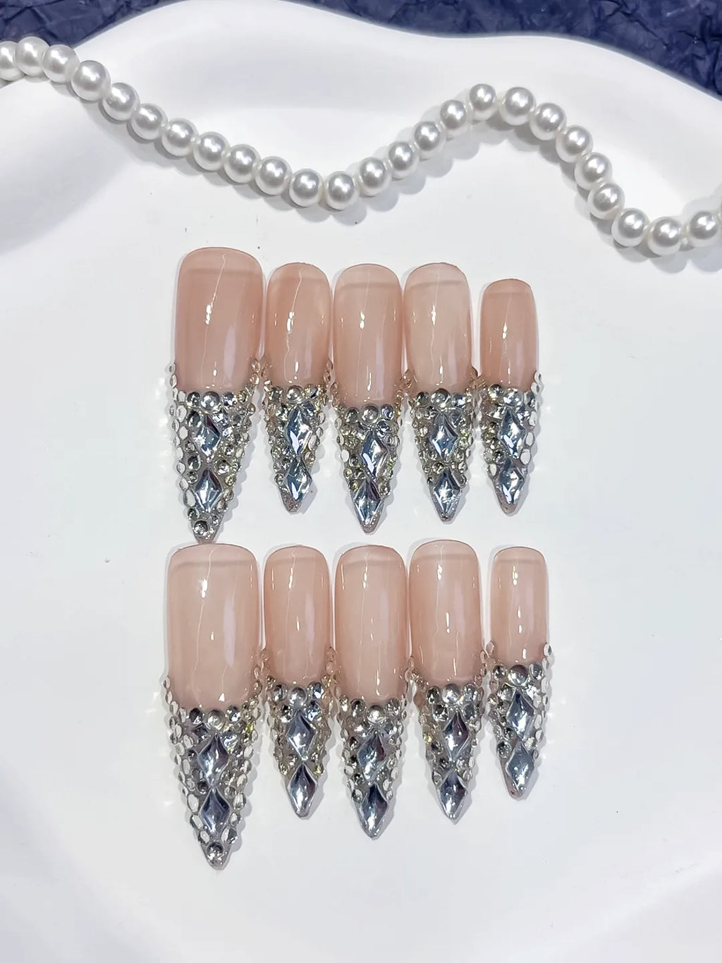 L012 - Long Nude Red Stiletto French tip Cherry Dot Pattern
