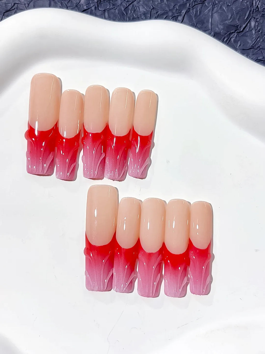 L013 - Long Nude Brown Square French tip Flower Dot Pattern