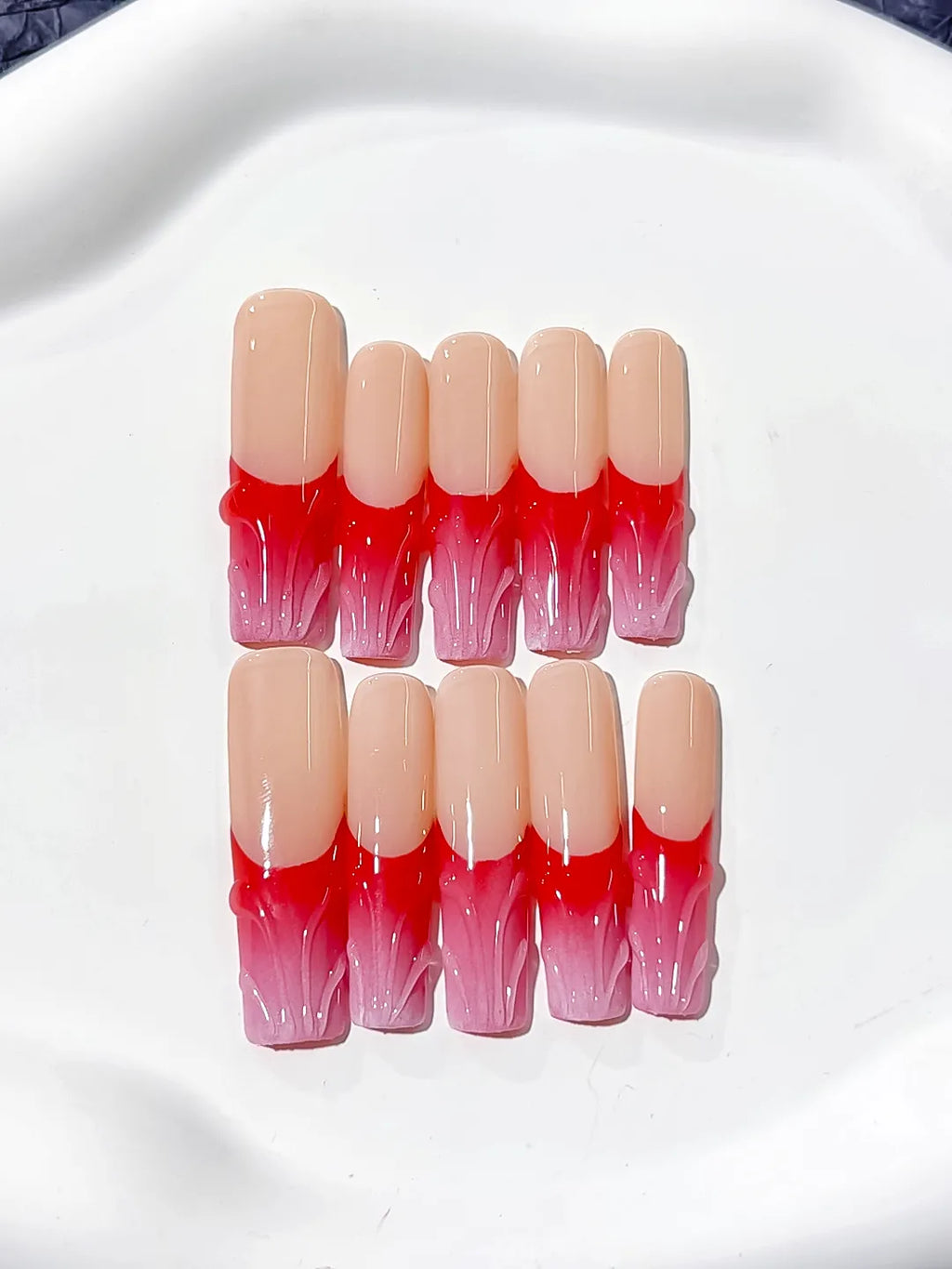 L013 - Long Nude Brown Square French tip Flower Dot Pattern