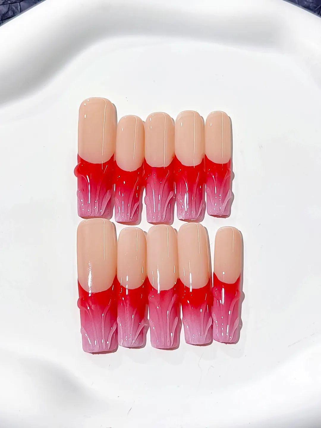 L013 - Long Nude Brown Square French tip Flower Dot Pattern