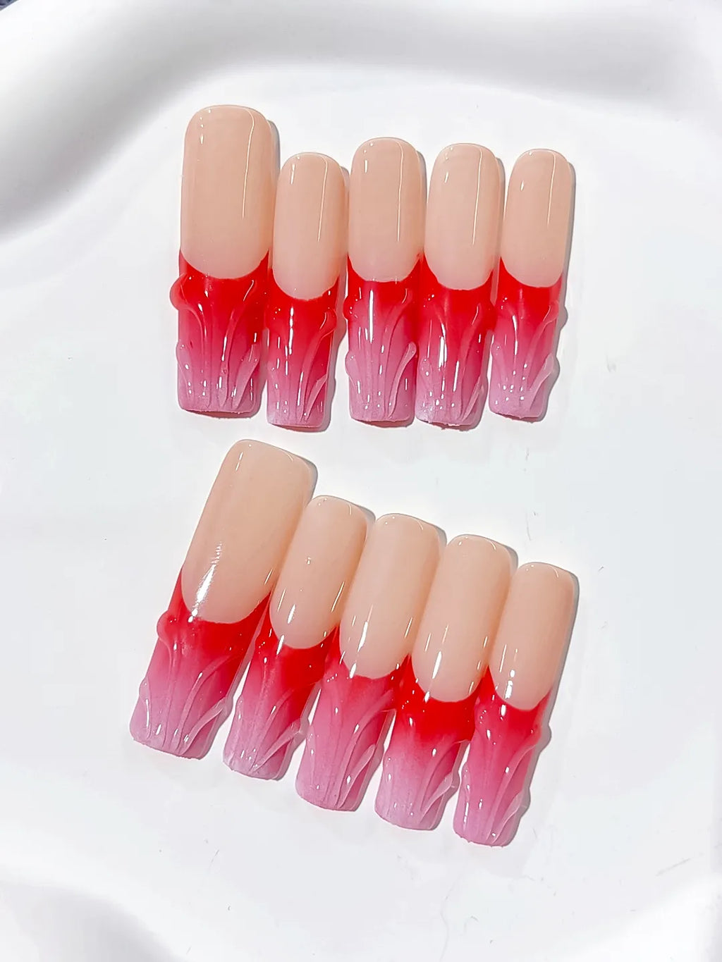L013 - Long Nude Brown Square French tip Flower Dot Pattern