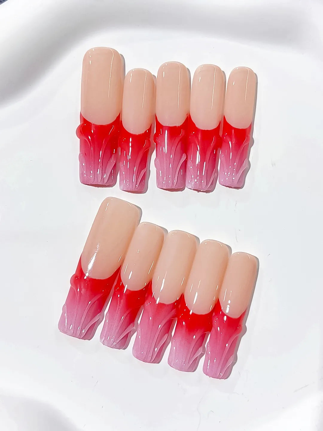 L013 - Long Nude Brown Square French tip Flower Dot Pattern