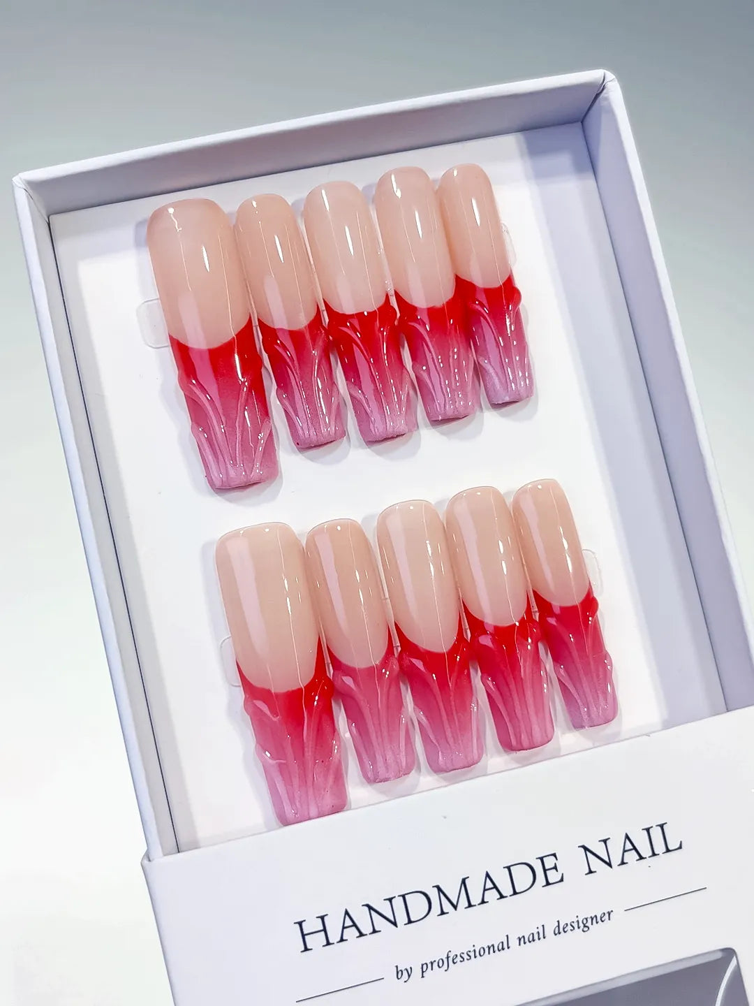 L013 - Long Nude Brown Square French tip Flower Dot Pattern