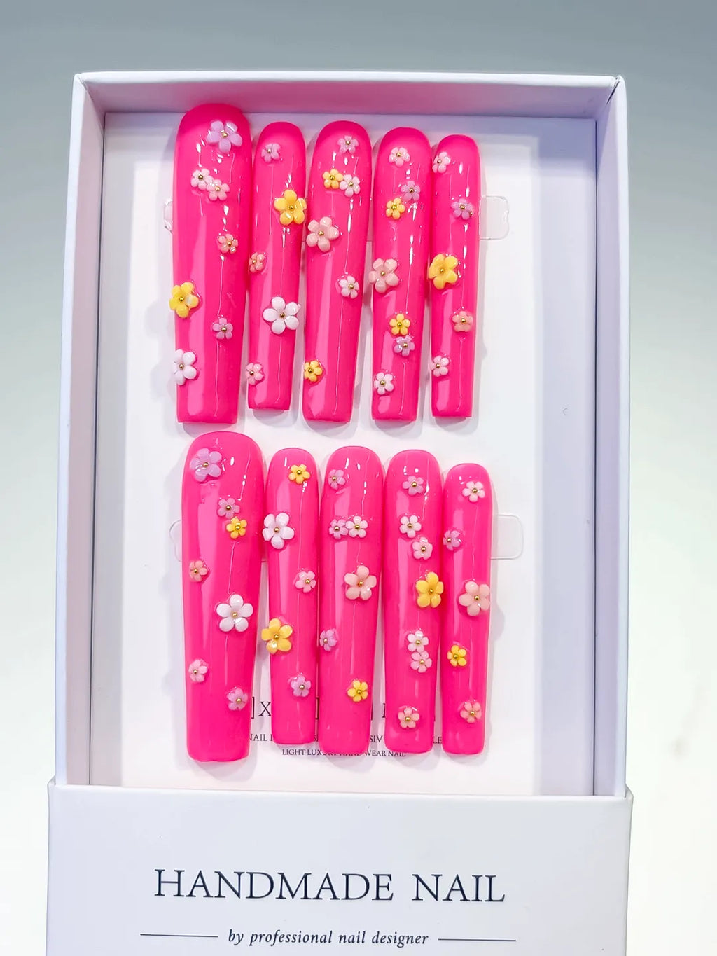 L014 - Long Pink White Square French tip Flower Shell